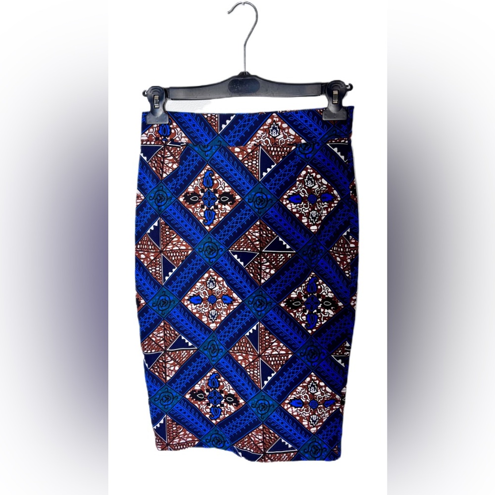D’iyanu Blue and Brown African Print Pencil Skirt, size M